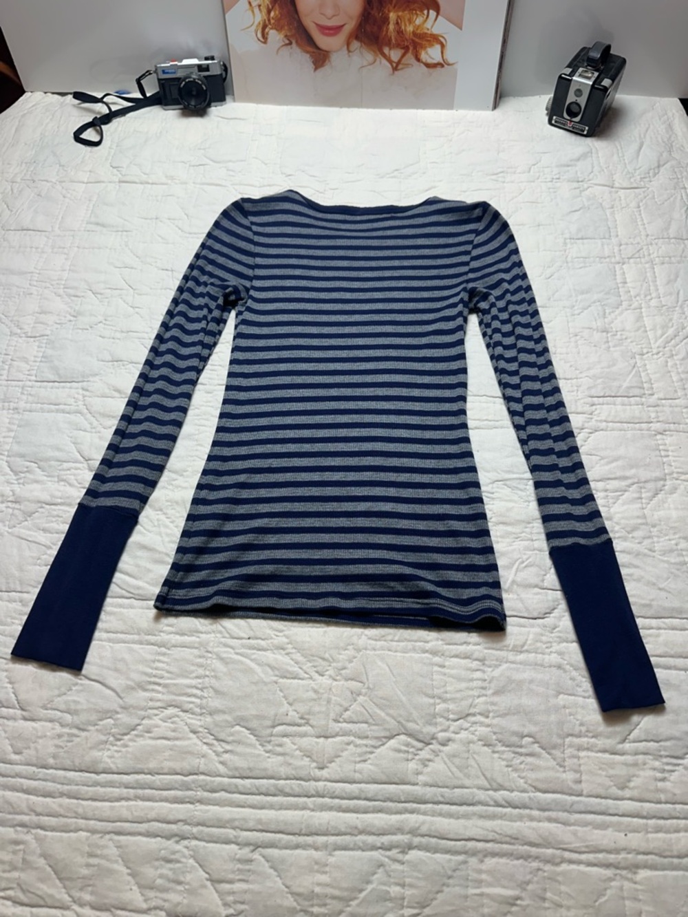 Y2K Michael Stars Stripe Knit Tee | Navy Gray Fitted Minimalist Long Sleeve - Picture 9 of 11